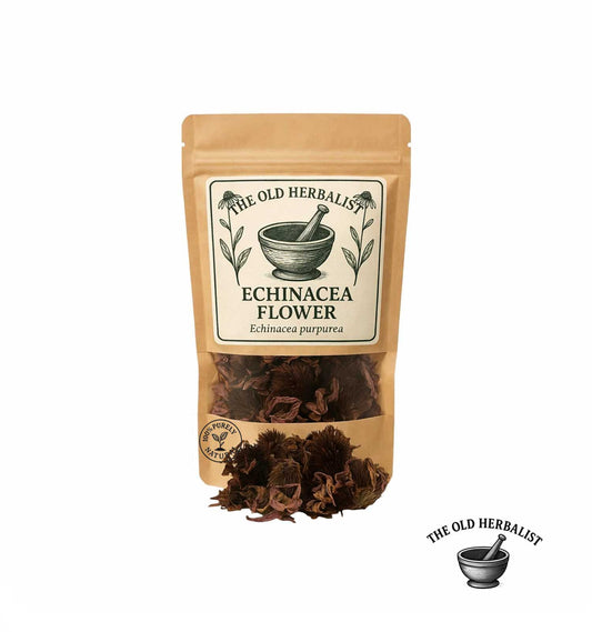 Dried echinacea flowers in kraft pouch – herbal tea ingredient.
