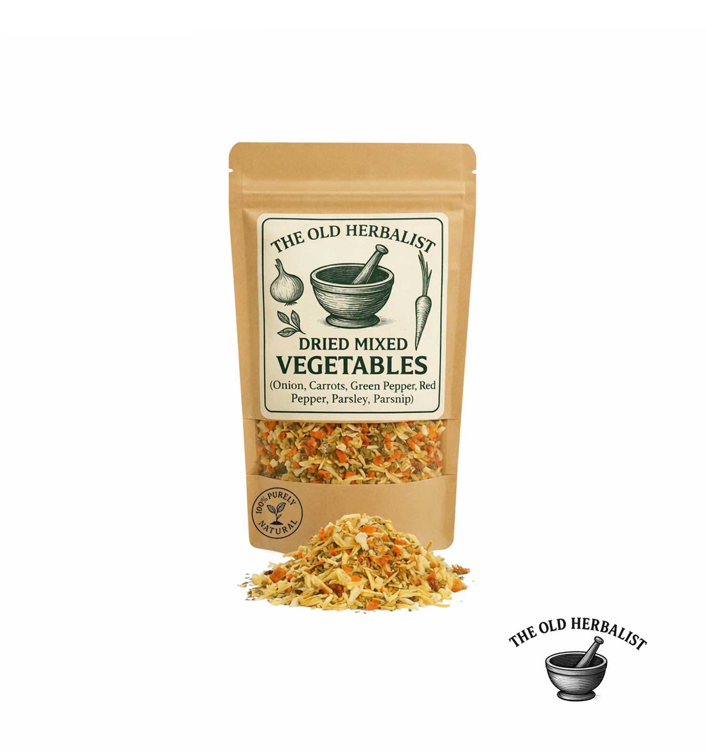 Dried mixed vegetables in kraft pouch for soups and cooking.
