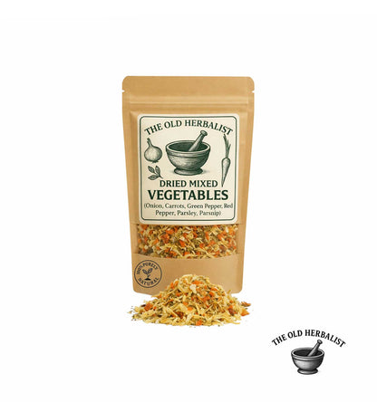 Dried mixed vegetables in kraft pouch for soups and cooking.
