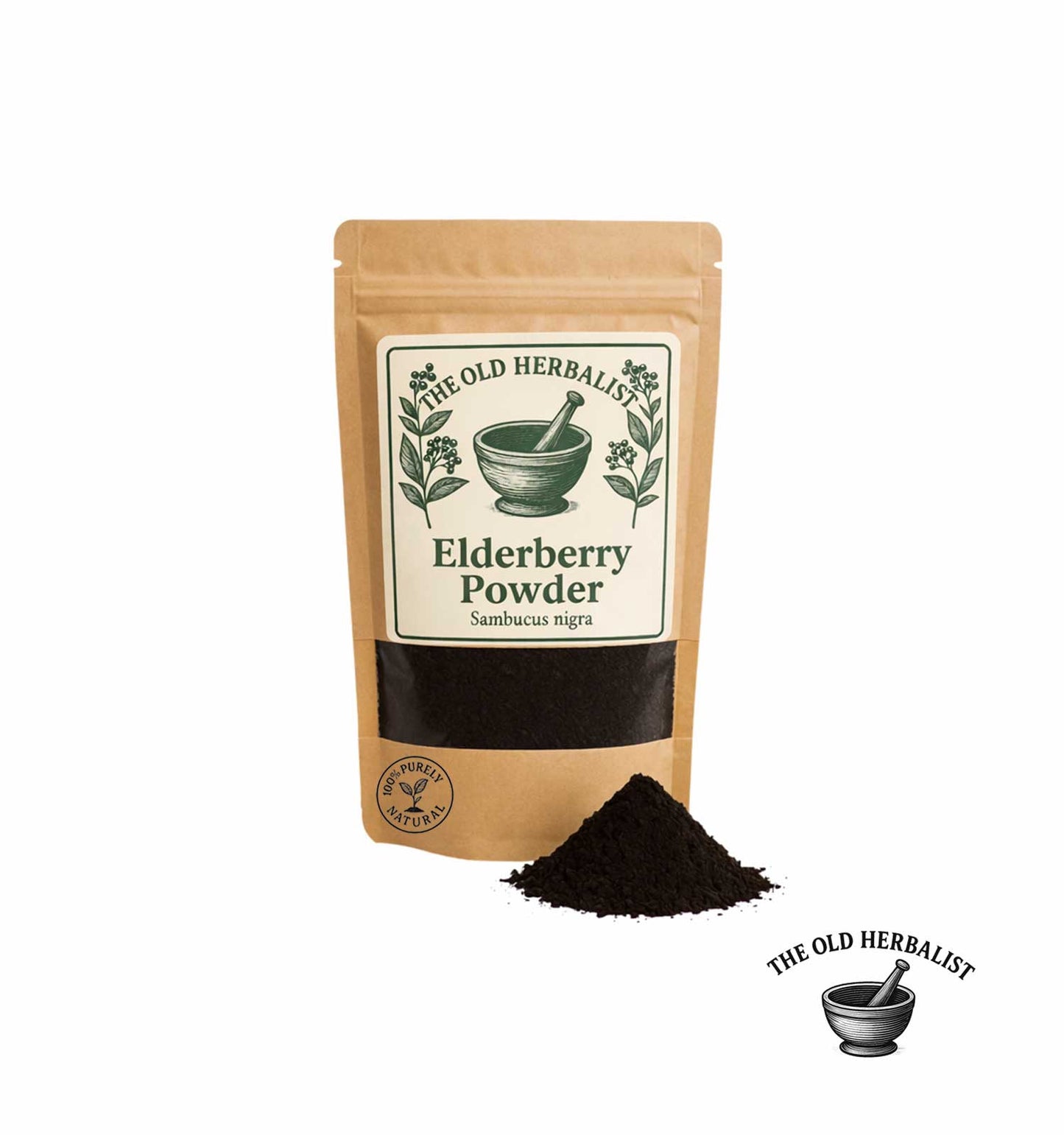 Elderberry powder in kraft pouch – Sambucus nigra herbal ingredient.