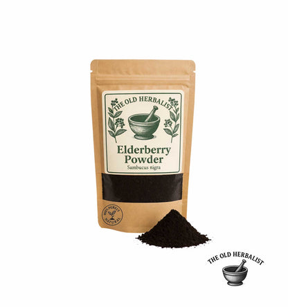 Elderberry powder in kraft pouch – Sambucus nigra herbal ingredient.