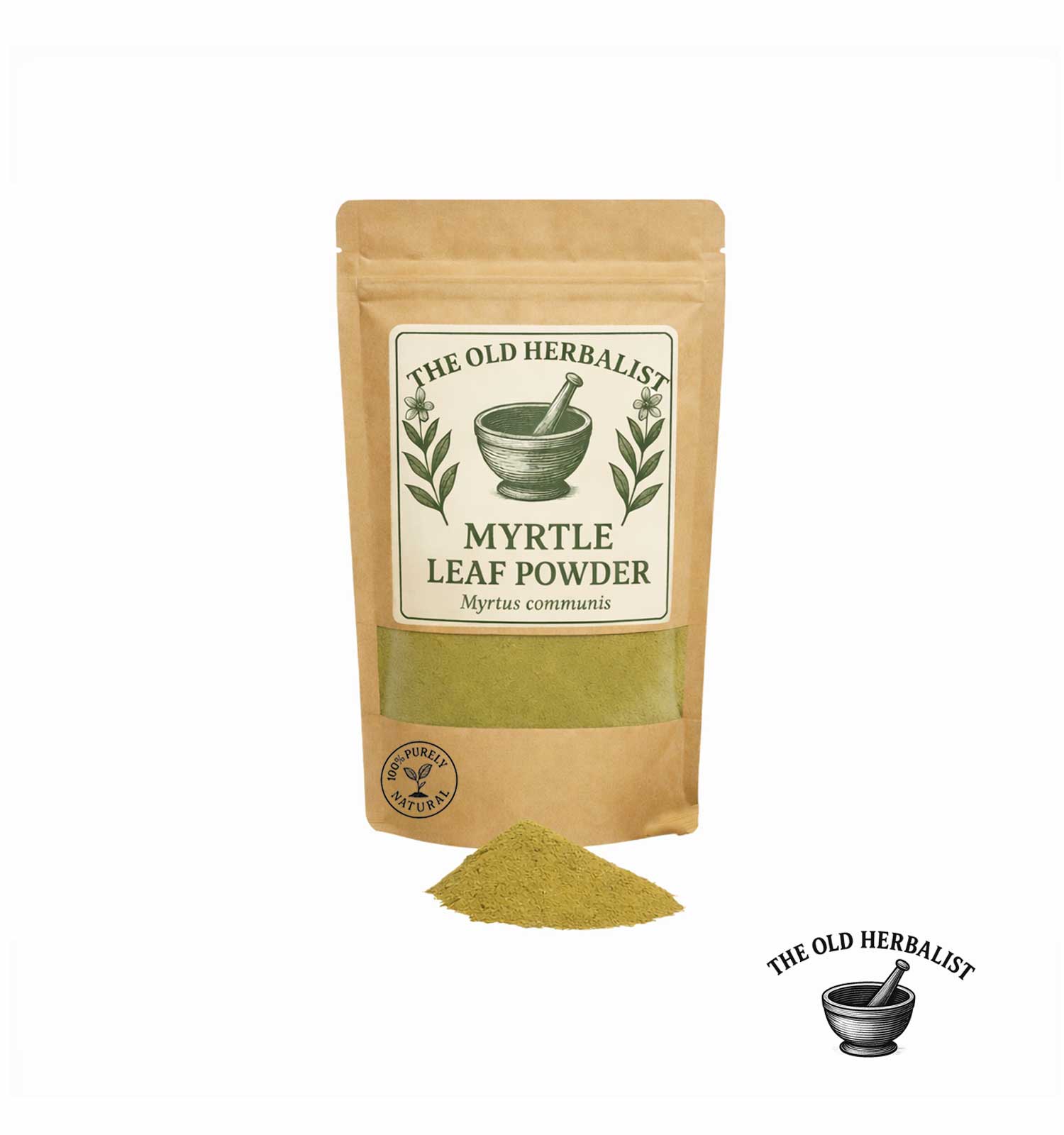 Dried myrtle leaf powder in kraft pouch – herbal ingredient.
