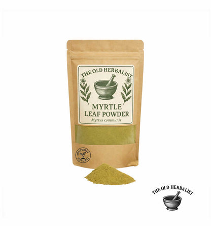 Dried myrtle leaf powder in kraft pouch – herbal ingredient.
