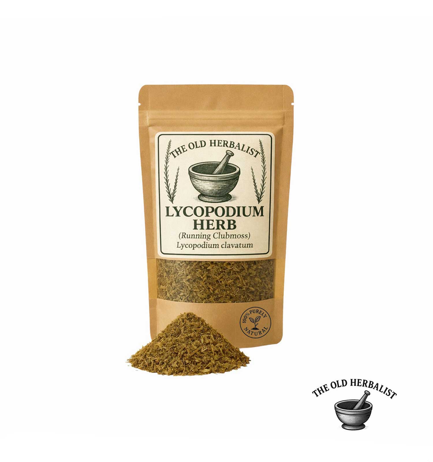 Dried Lycopodium clavatum herb in kraft pouch – traditional herbal ingredient.
