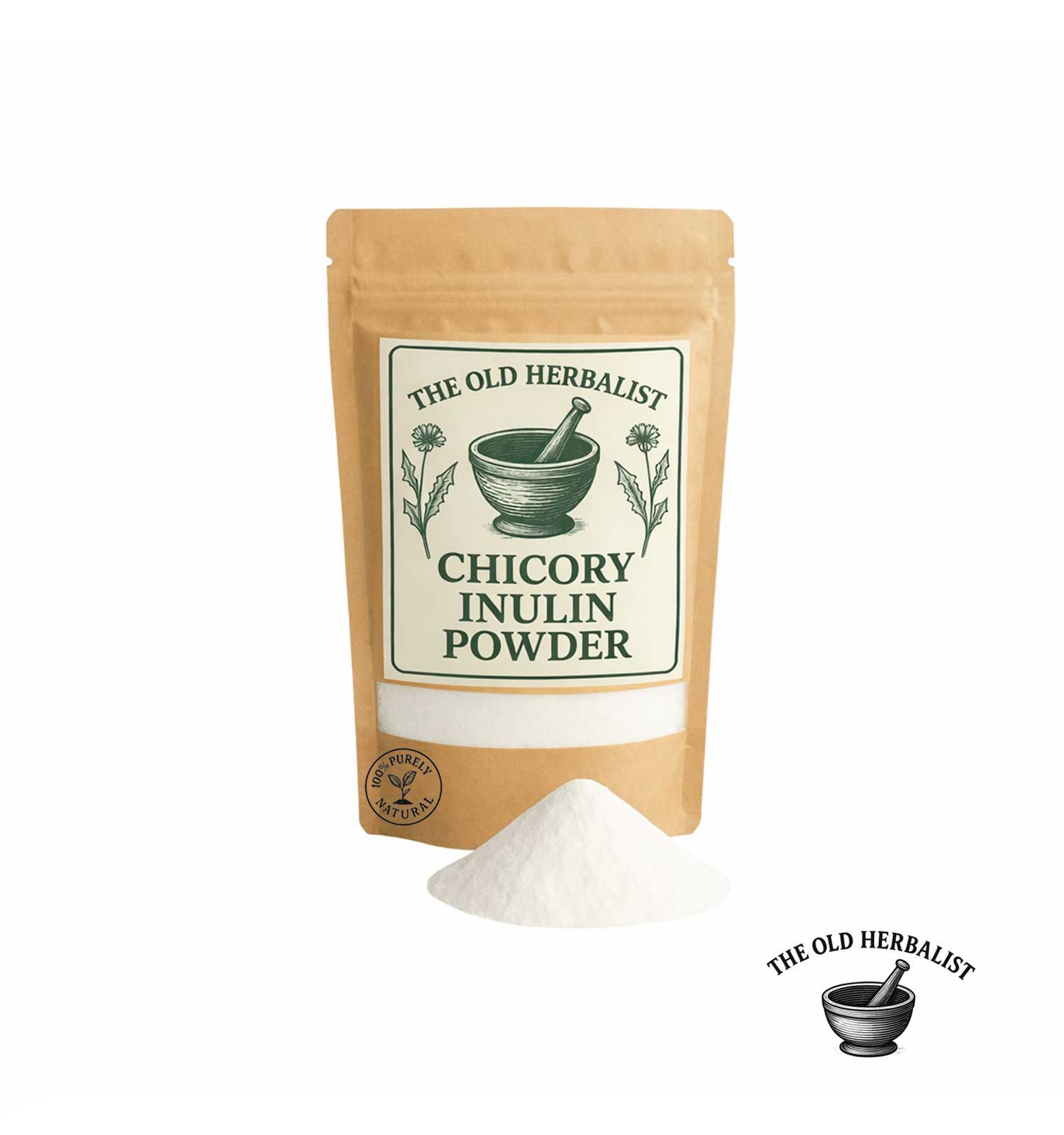 Inulin powder from chicory root in kraft pouch – natural soluble fiber.
