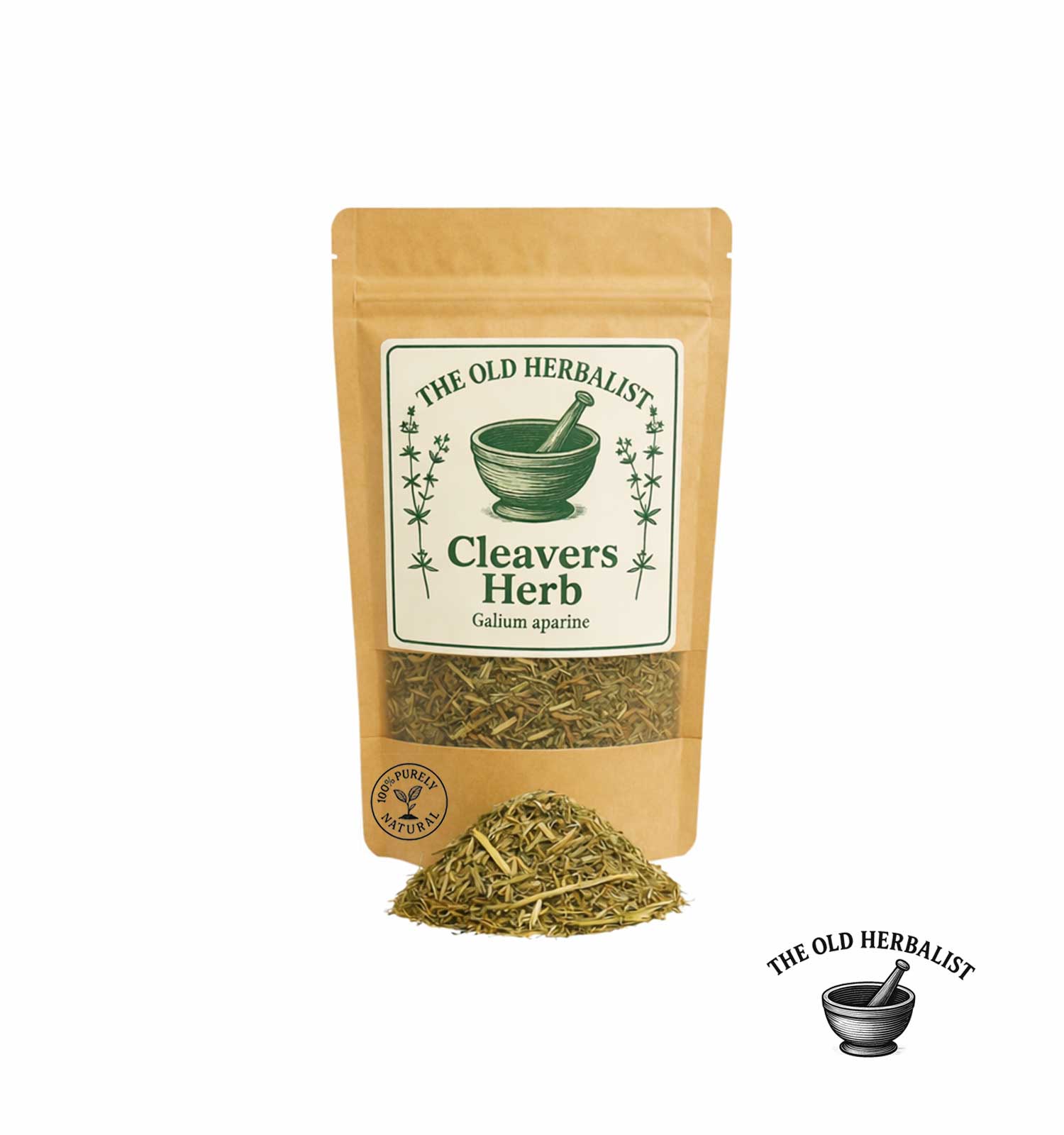 Dried cleavers herb in kraft pouch – herbal ingredient.
