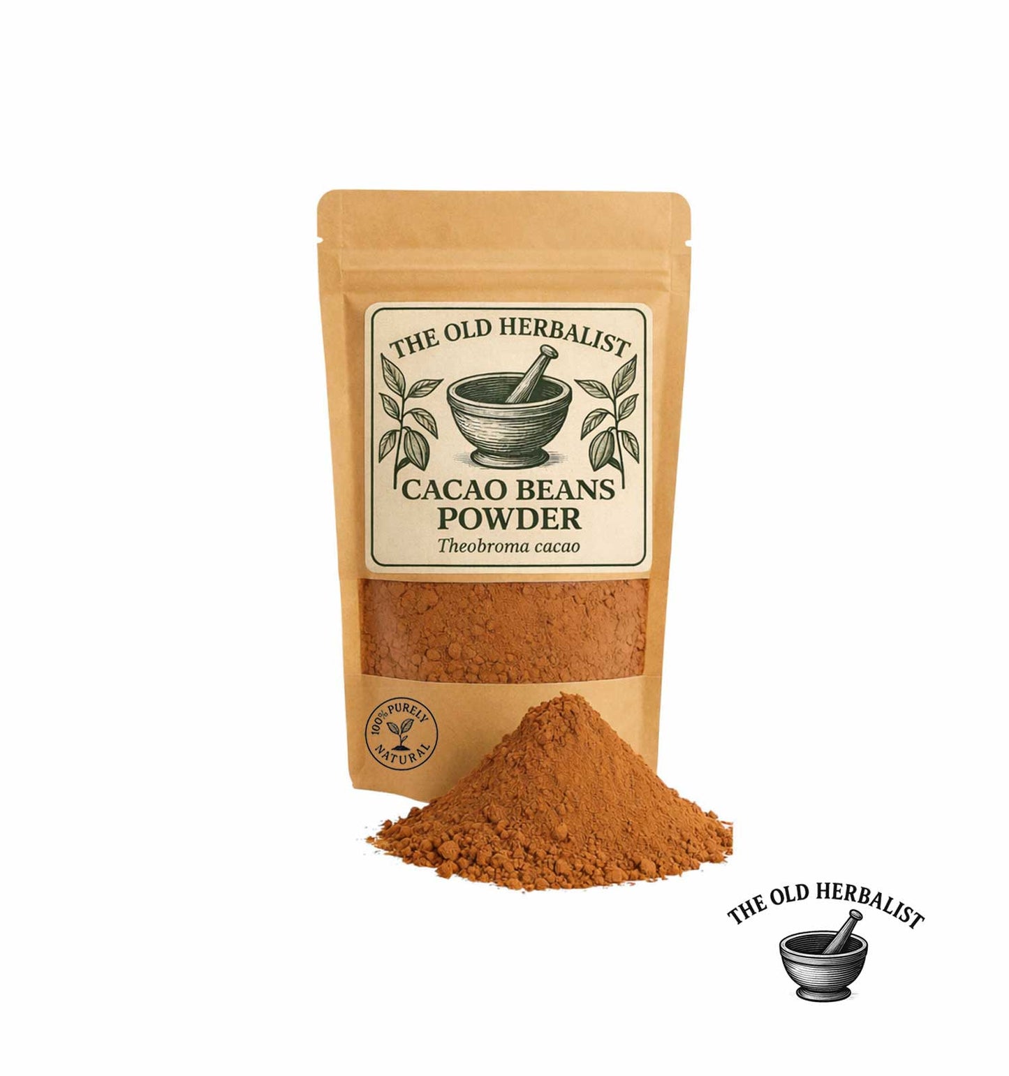 Dried cacao powder in kraft pouch – natural cocoa ingredient.
