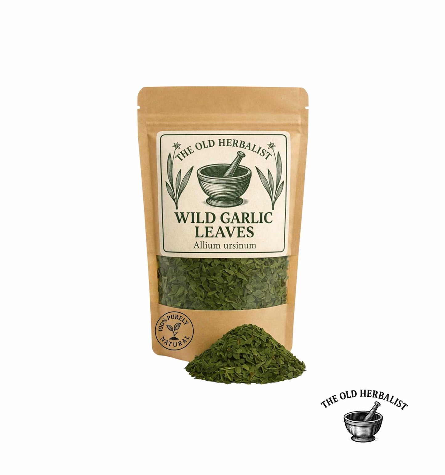 Dried wild garlic leaves in kraft pouch – herbal spice ingredient.