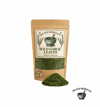 Dried wild garlic leaves in kraft pouch – herbal spice ingredient.