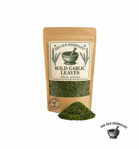 Dried wild garlic leaves in kraft pouch – herbal spice ingredient.