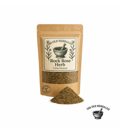 Dried rock rose herb in kraft pouch – Mediterranean herbal ingredient.