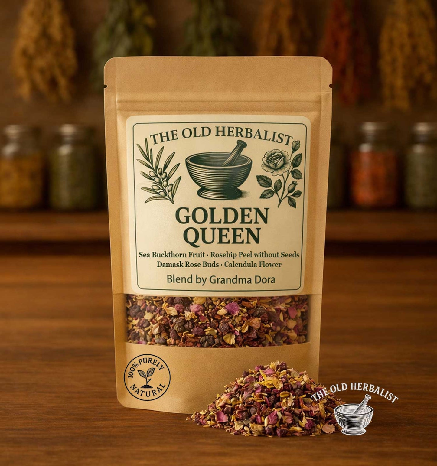 Golden Queen herbal tea blend in kraft pouch with flowers and fruits.
