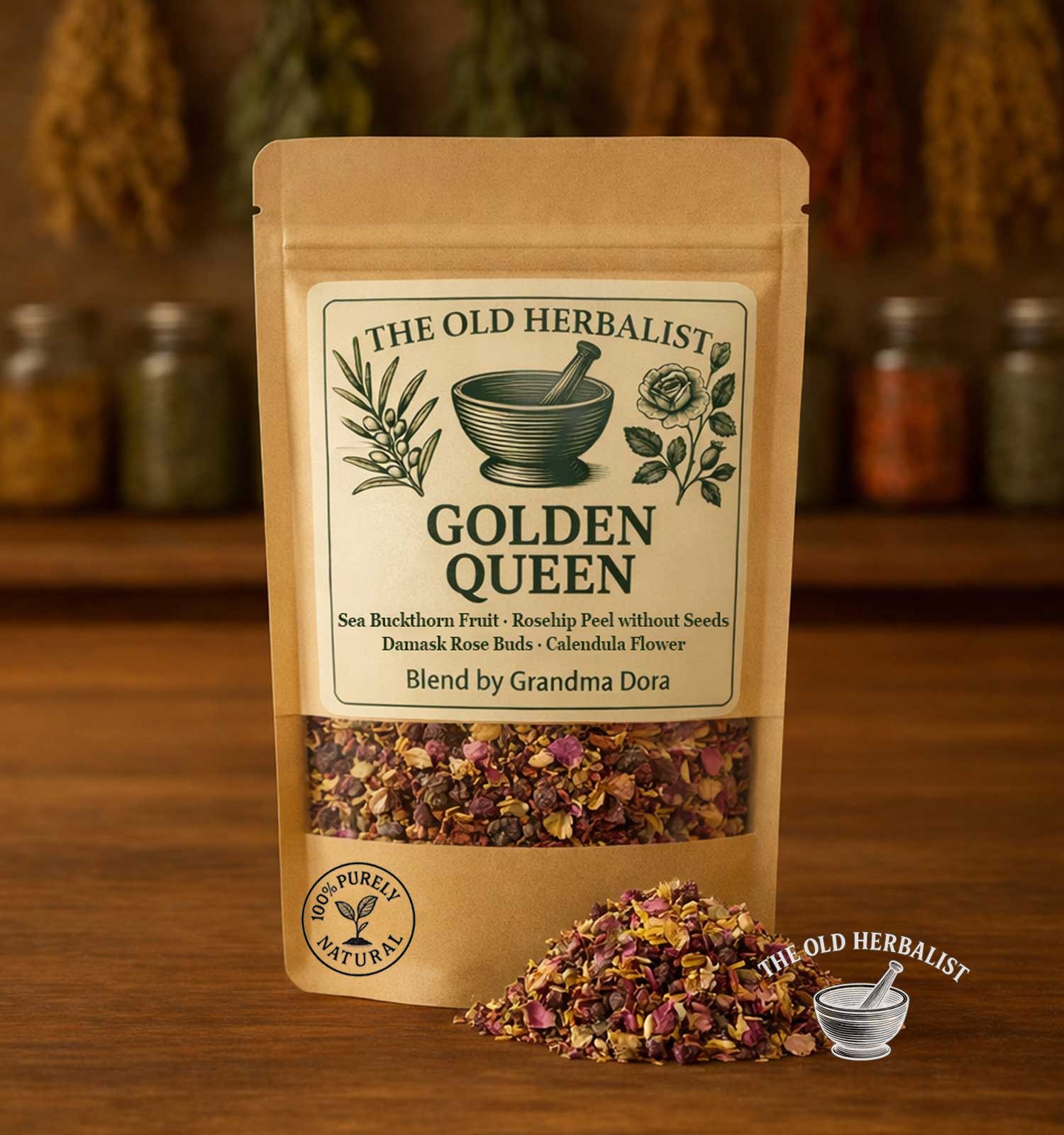 Golden Queen herbal tea blend in kraft pouch with flowers and fruits.