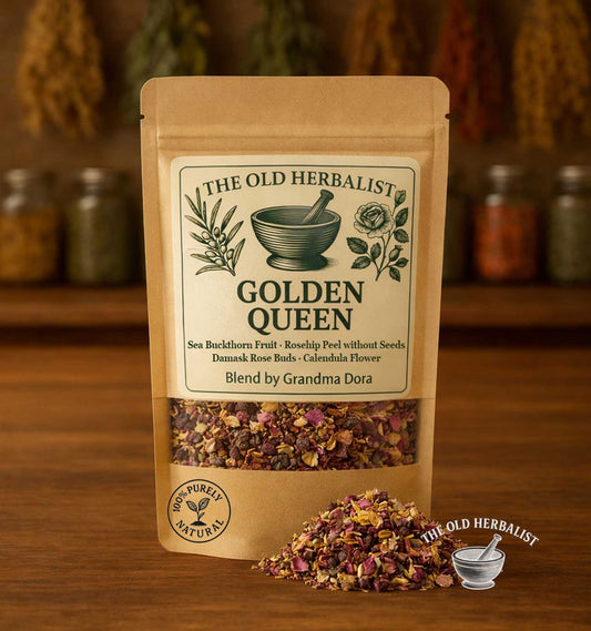 Golden Queen herbal tea blend in kraft pouch with flowers and fruits.