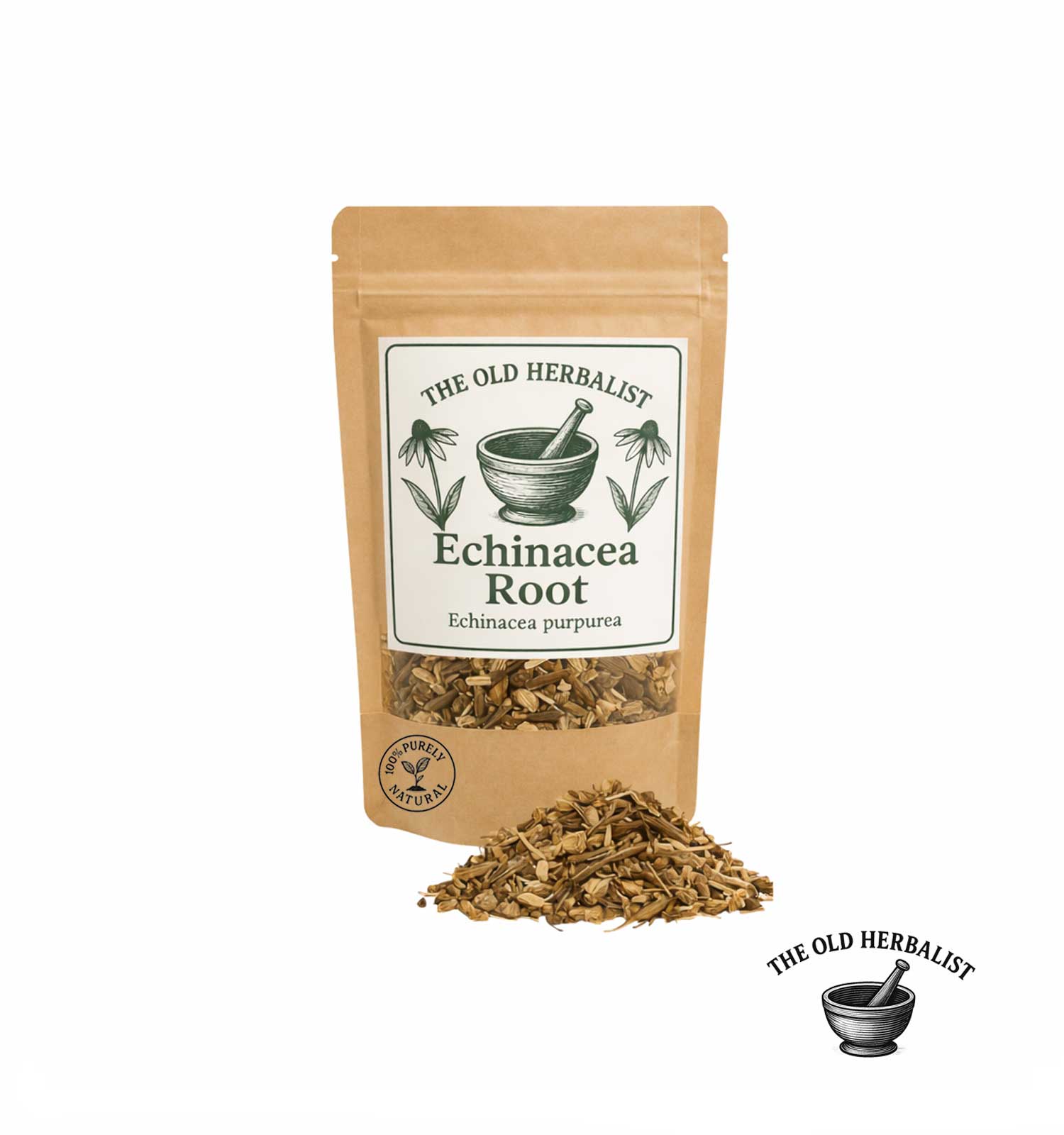 Dried echinacea root in kraft pouch – herbal ingredient.
