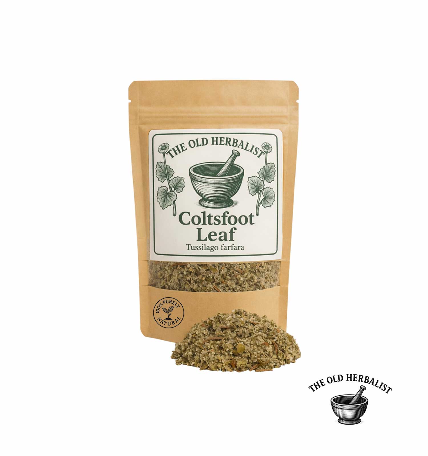 Dried coltsfoot leaf in kraft pouch – herbal ingredient.
