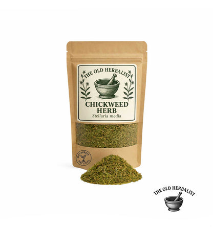 Dried chickweed herb in kraft pouch – Stellaria media.
