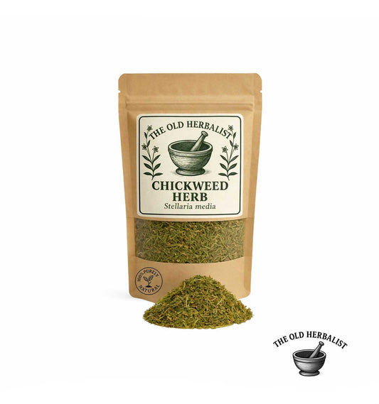 Dried chickweed herb in kraft pouch – Stellaria media.
