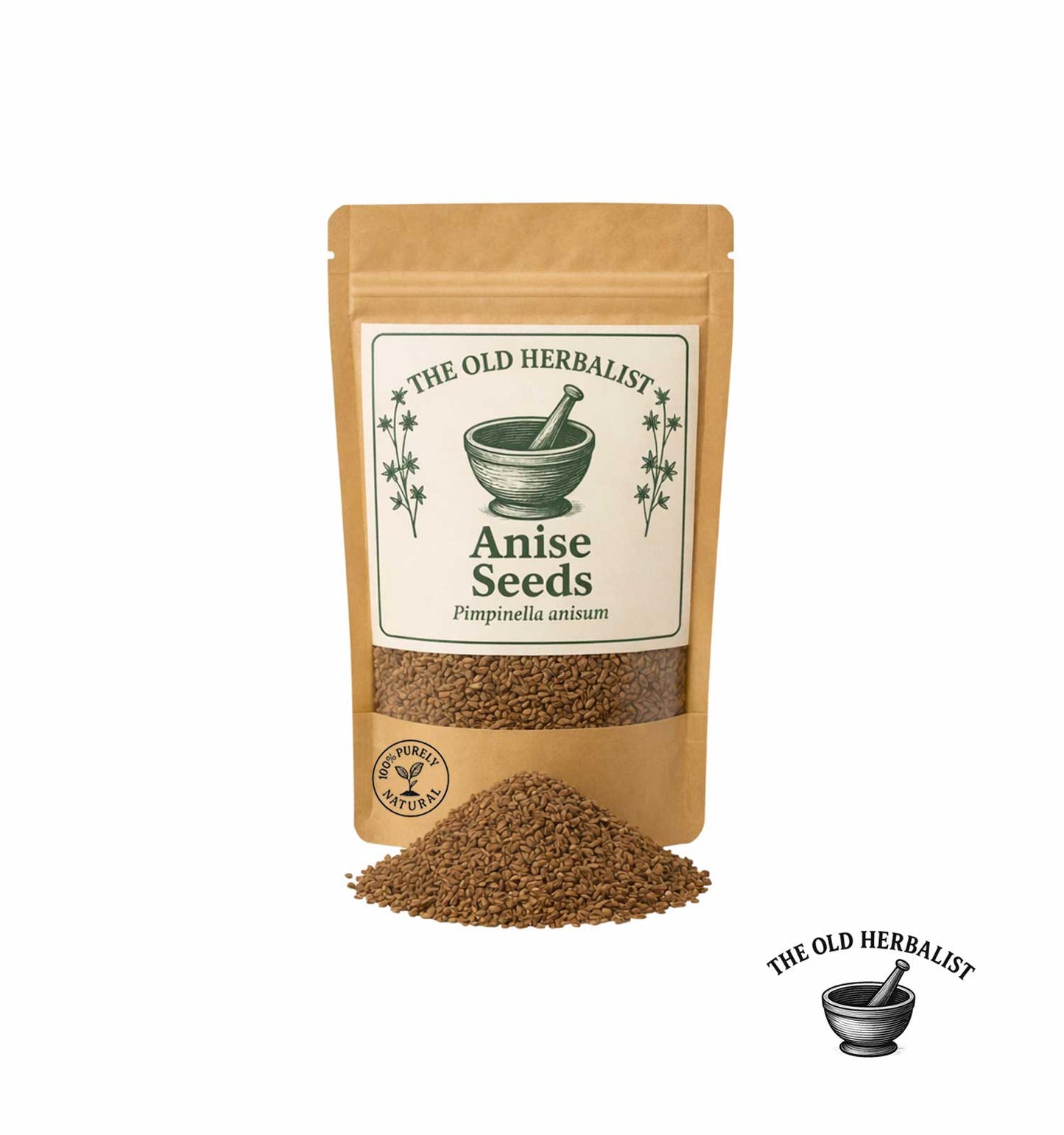 Whole anise seeds in kraft pouch – aromatic culinary spice.
