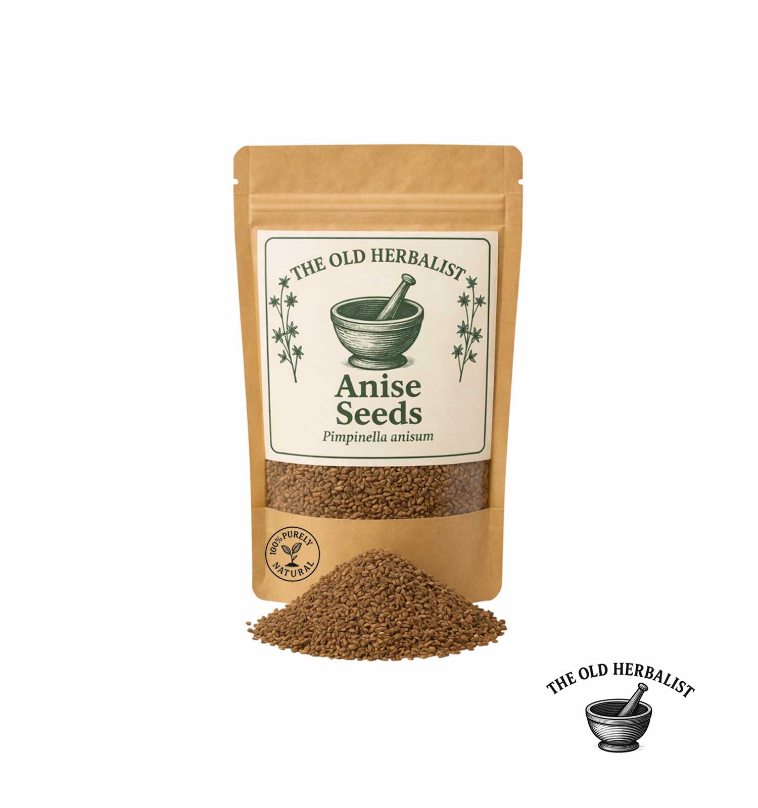 Whole anise seeds in kraft pouch – aromatic culinary spice.
