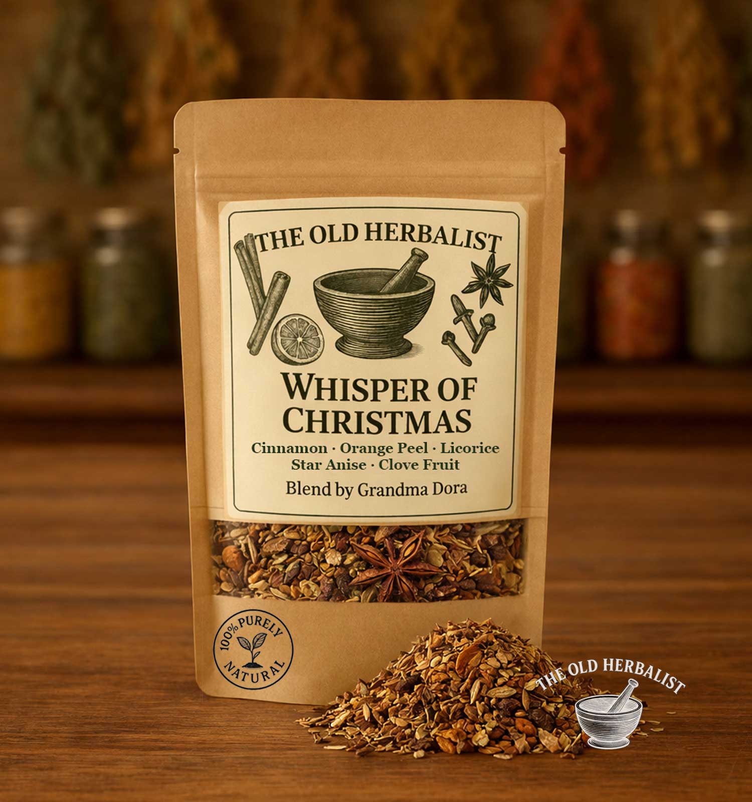 Whisper of Christmas herbal tea blend in kraft pouch – aromatic winter spices.