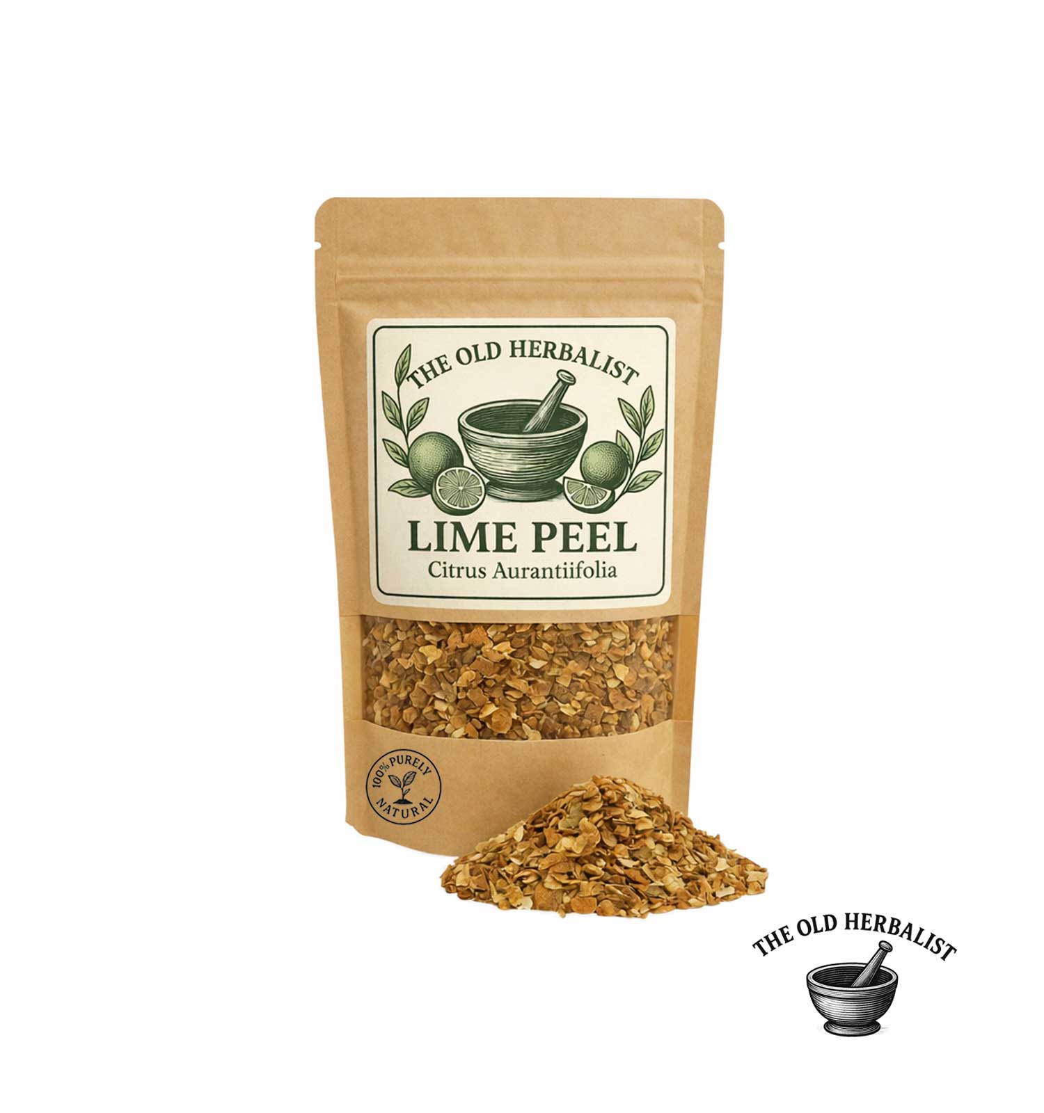 Dried lime peel in kraft pouch – citrus herbal ingredient.
