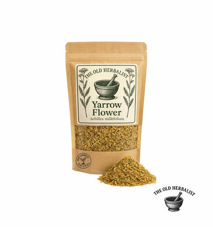 Dried yarrow flower in kraft pouch – herbal tea ingredient.
