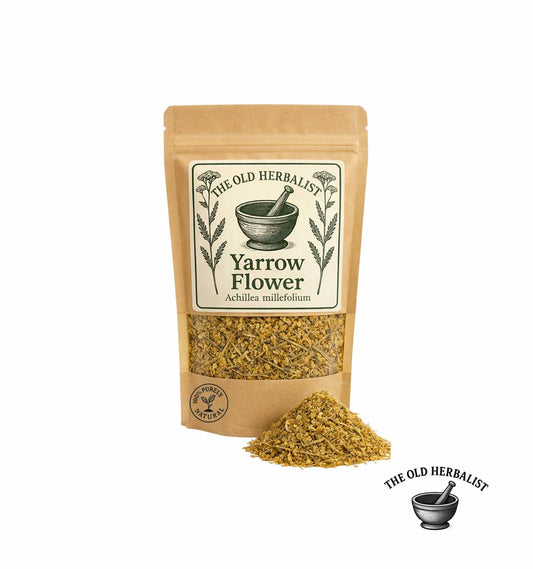 Dried yarrow flower in kraft pouch – herbal tea ingredient.
