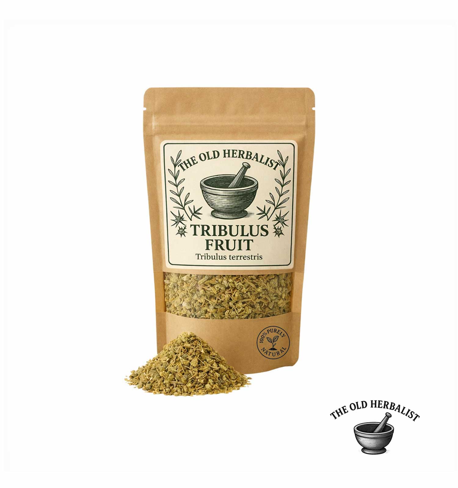 Dried tribulus fruit in kraft pouch – herbal ingredient.
