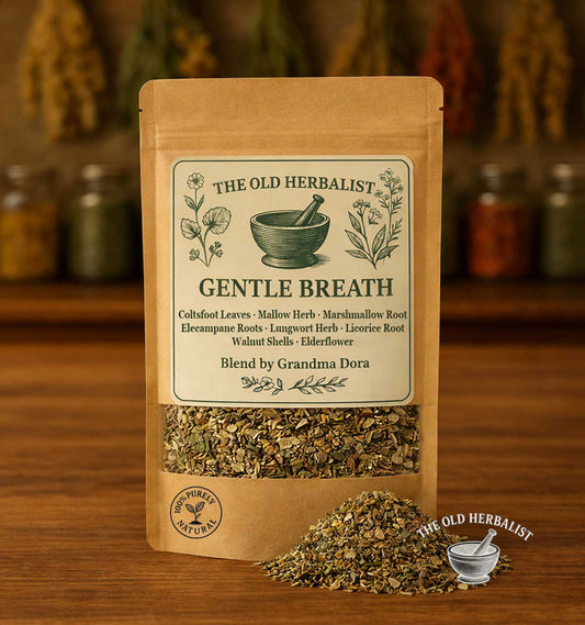 Gentle Breath kids herbal tea blend in kraft pouch with traditional botanicals.

