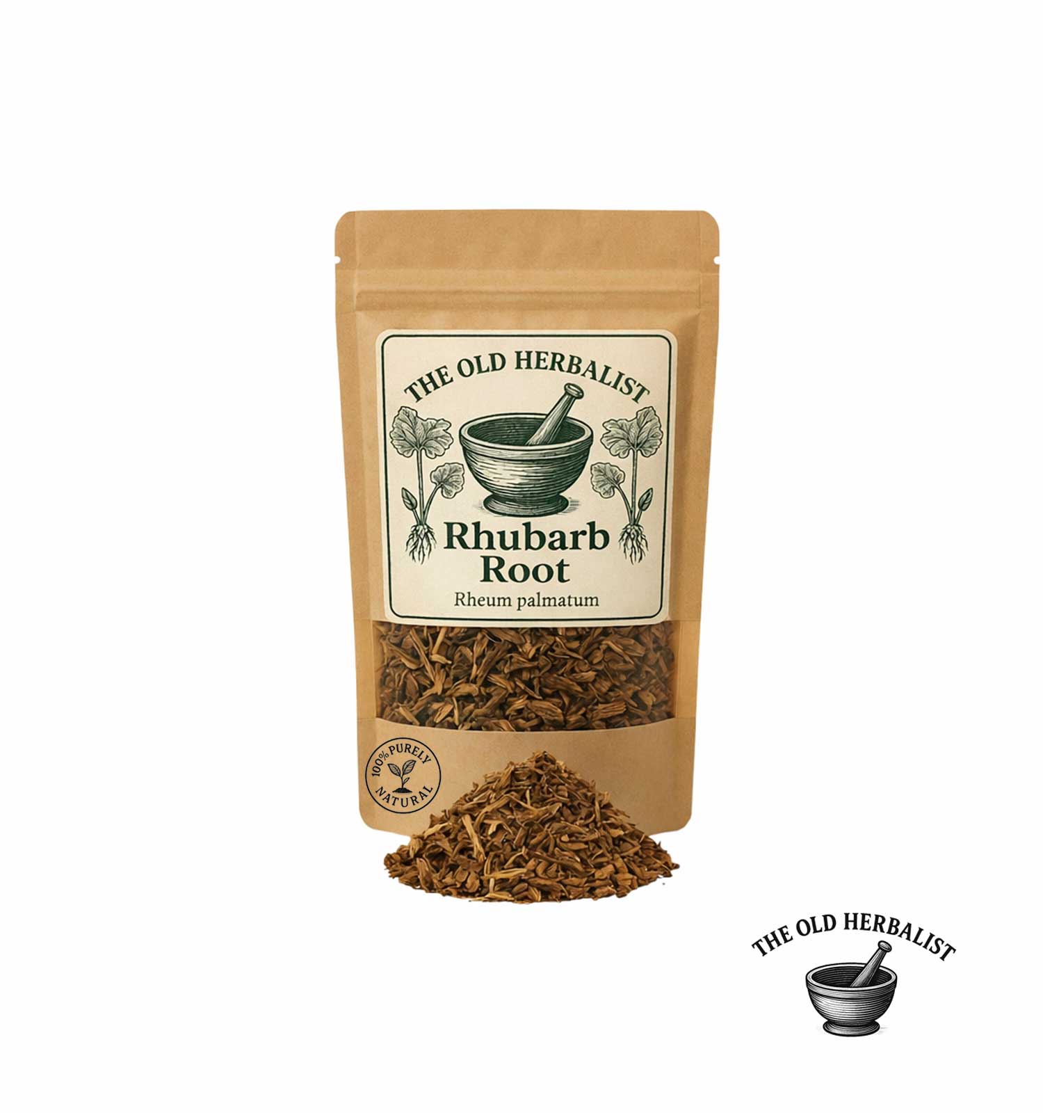 Dried rhubarb root pieces in kraft pouch – herbal root ingredient.