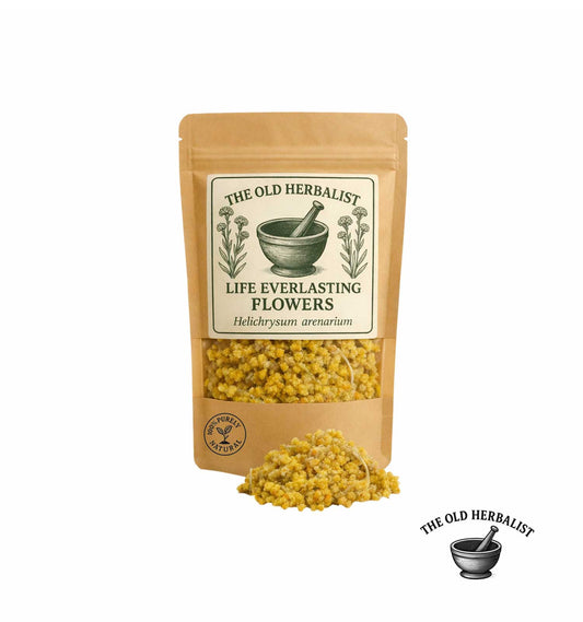 Dried life everlasting flowers in kraft pouch – herbal flower ingredient.
