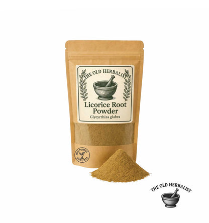 Dried licorice root powder in kraft pouch – herbal root powder.
