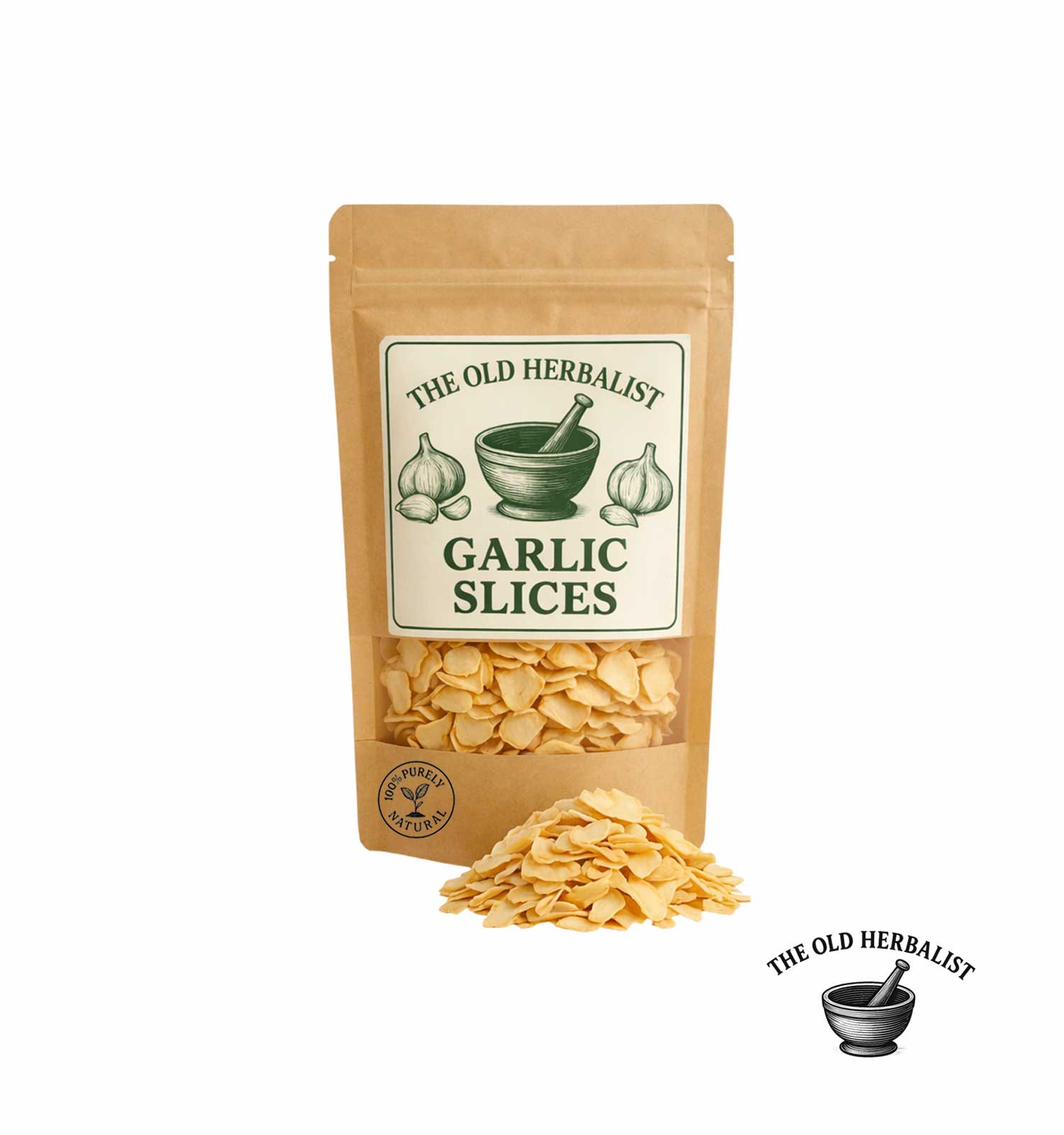 Dried garlic slices in kraft pouch – natural culinary spice.
