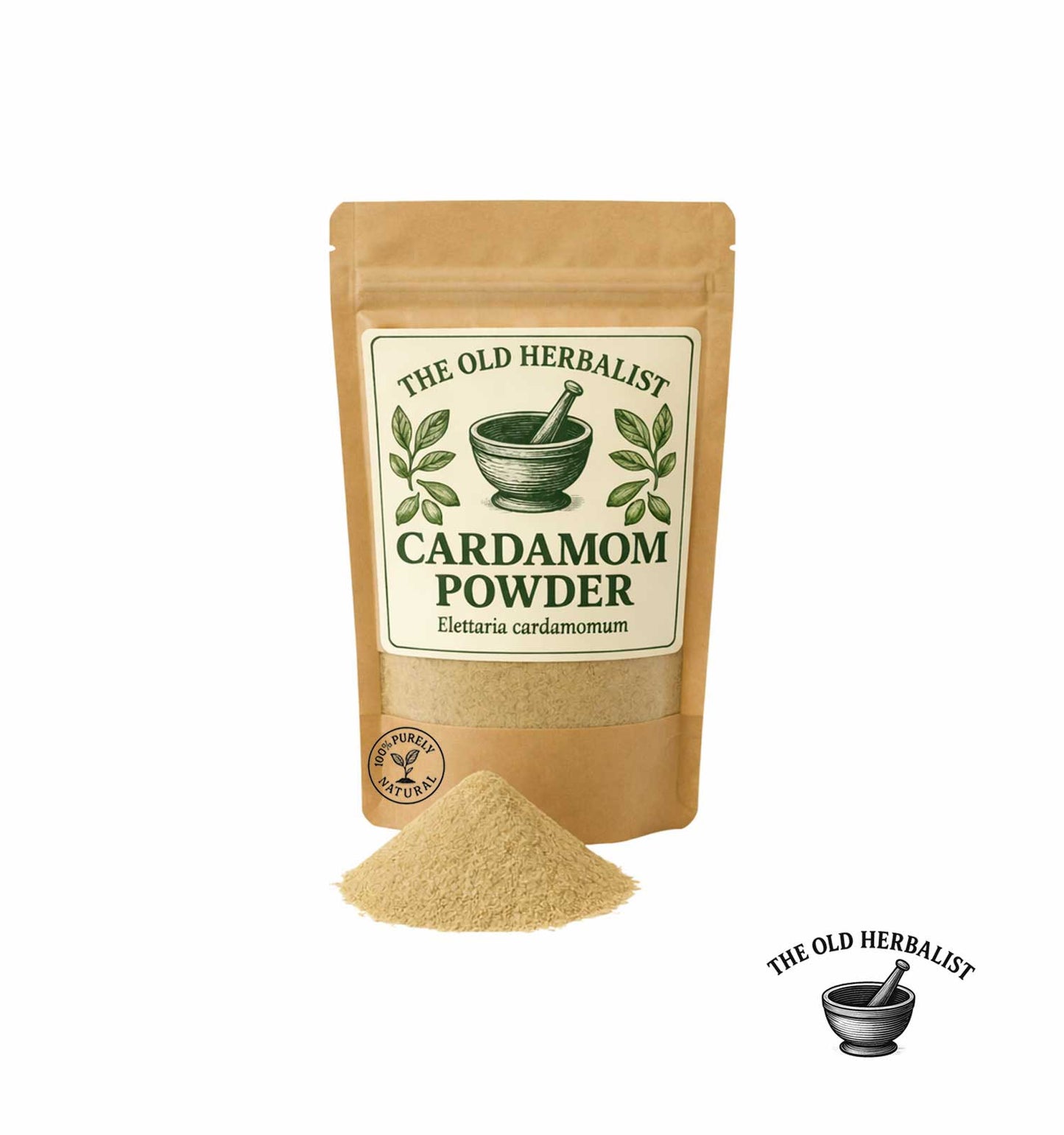 Cardamom powder in kraft pouch – aromatic spice ingredient.
