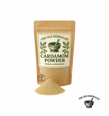 Cardamom powder in kraft pouch – aromatic spice ingredient.
