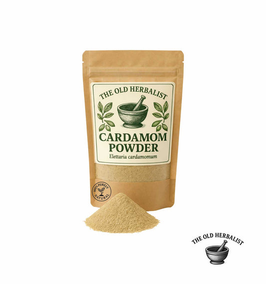 Cardamom powder in kraft pouch – aromatic spice ingredient.
