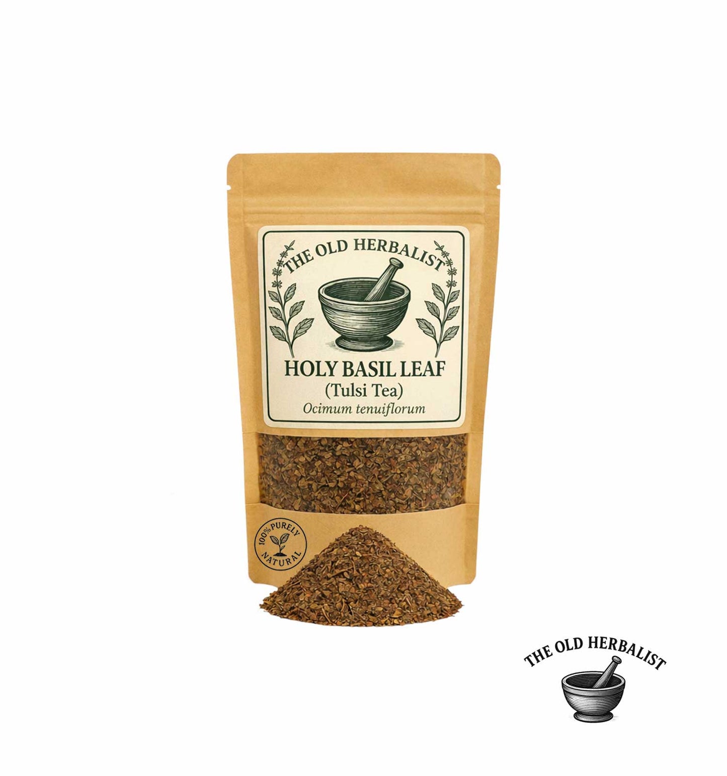 Dried holy basil leaves in kraft pouch – herbal tea ingredient.