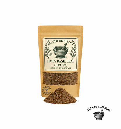 Dried holy basil leaves in kraft pouch – herbal tea ingredient.