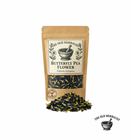 Dried butterfly pea flowers in kraft pouch – herbal tea ingredient.