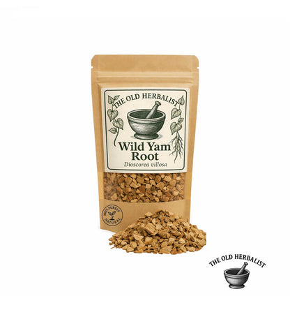 Dried wild yam root pieces in kraft pouch – herbal root ingredient.
