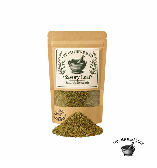 Dried savory leaf in kraft pouch – Bulgarian culinary herb.
