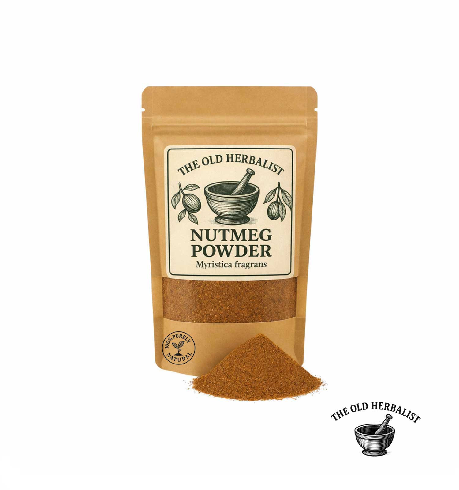 Ground nutmeg powder in kraft pouch – natural spice.
