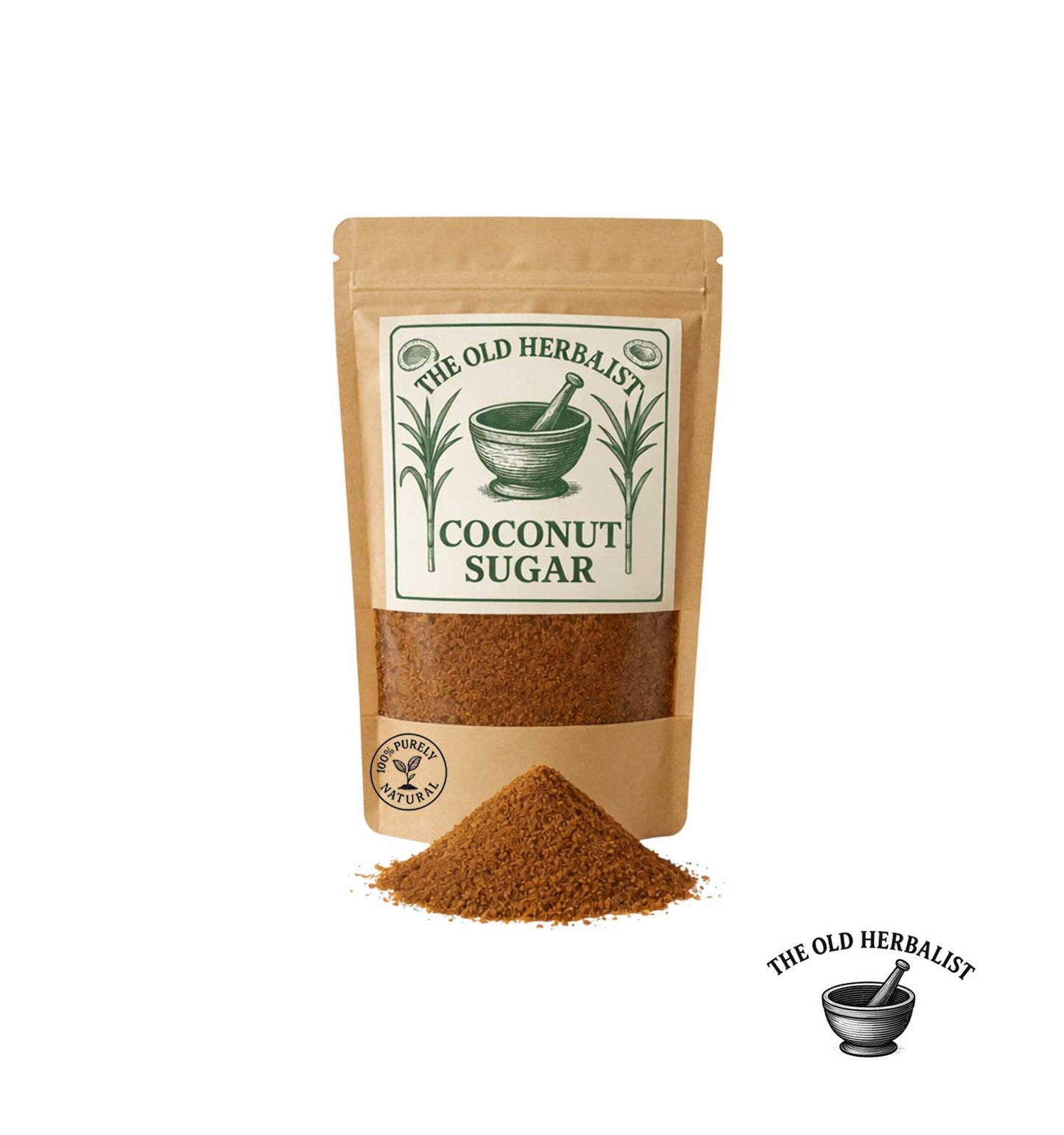 Coconut sugar in kraft pouch – natural sweetener.
