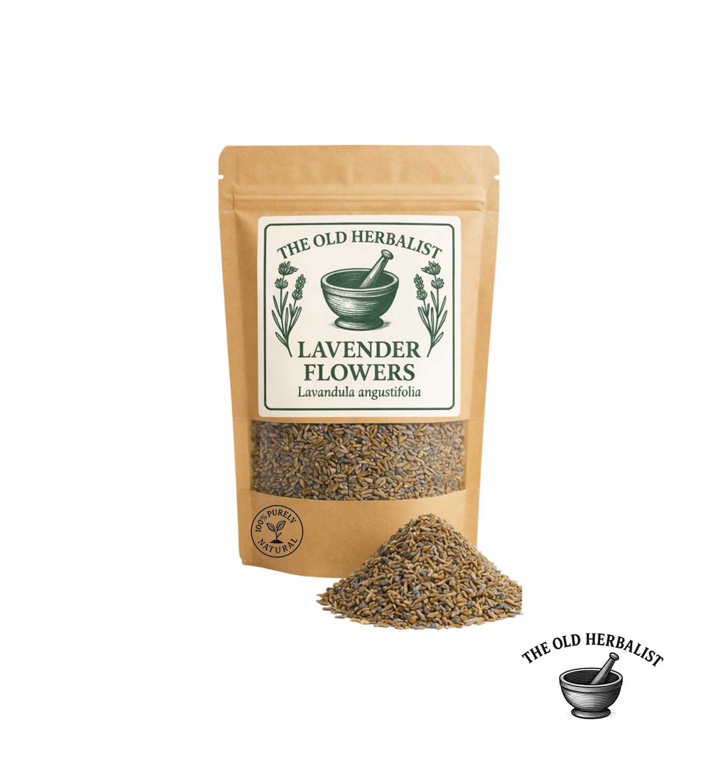 Dried lavender flowers in kraft pouch – herbal tea ingredient.