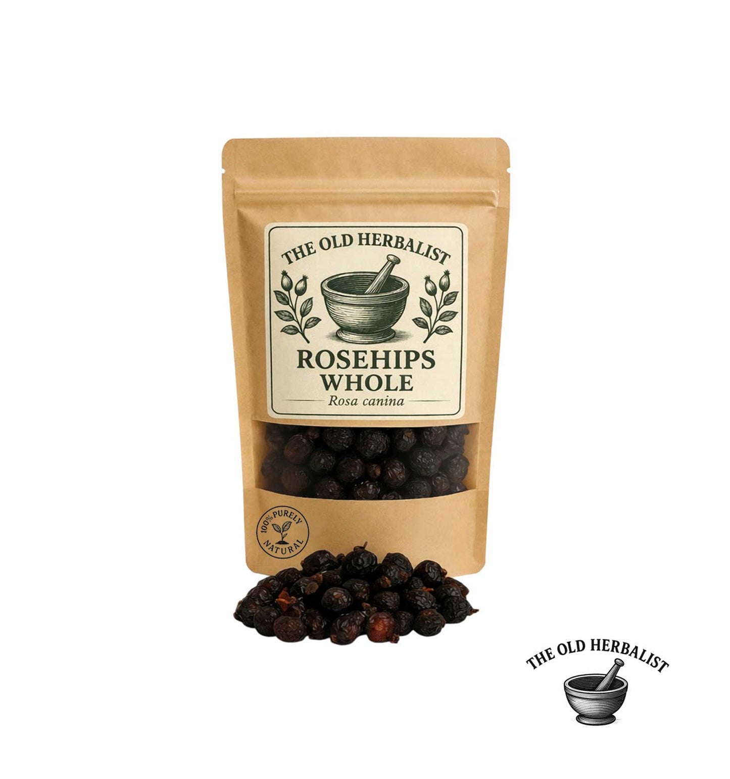 Dried whole rosehips in kraft pouch – herbal tea ingredient.
