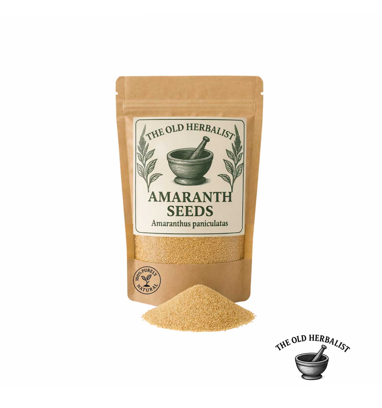 Amaranth seeds in kraft pouch – natural ancient grain.
