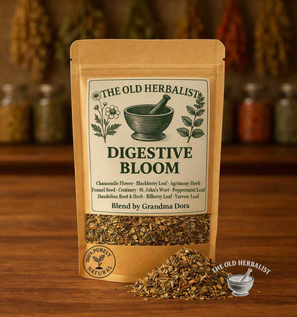 Digestive Comfort loose leaf herbal tea blend in kraft pouch.