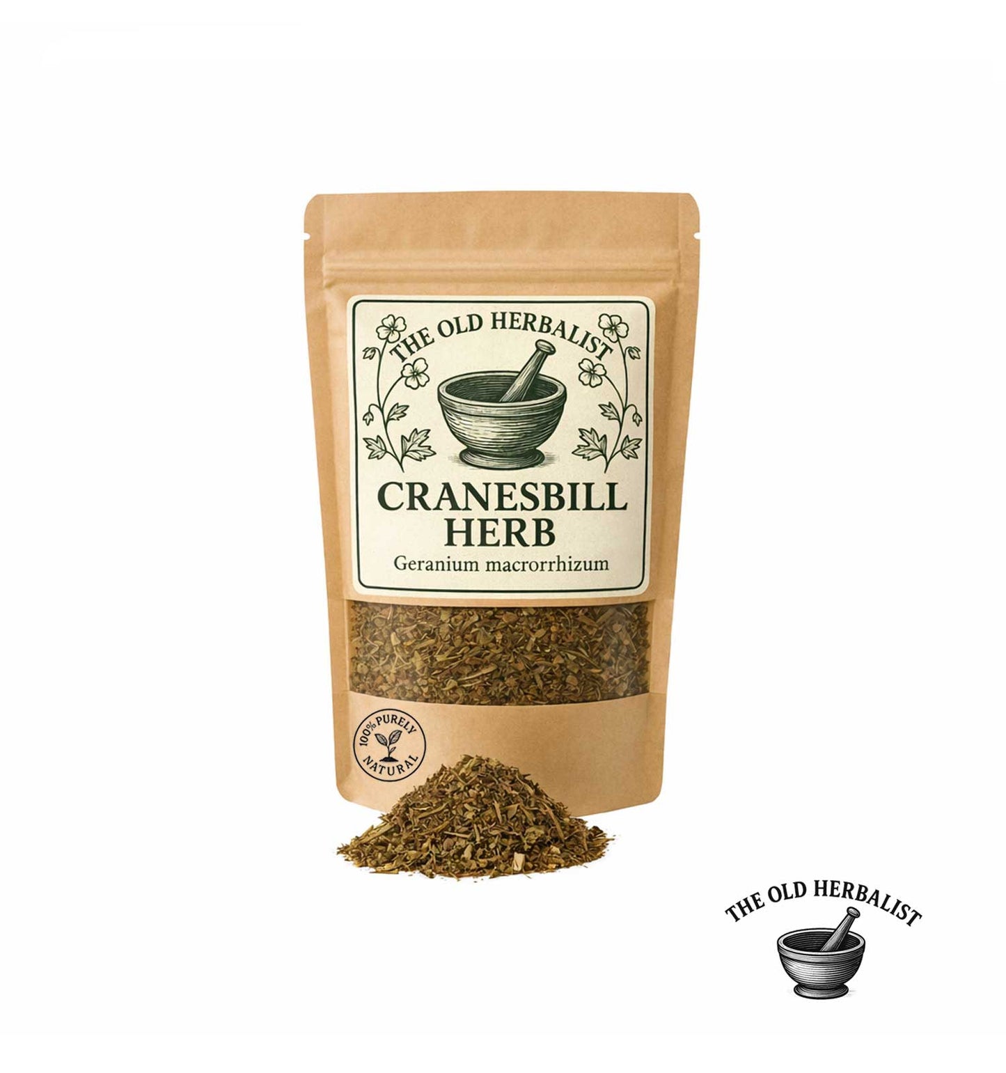 Dried cranesbill herb in kraft pouch – traditional herbal ingredient.
