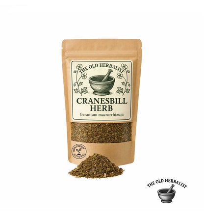 Dried cranesbill herb in kraft pouch – traditional herbal ingredient.

